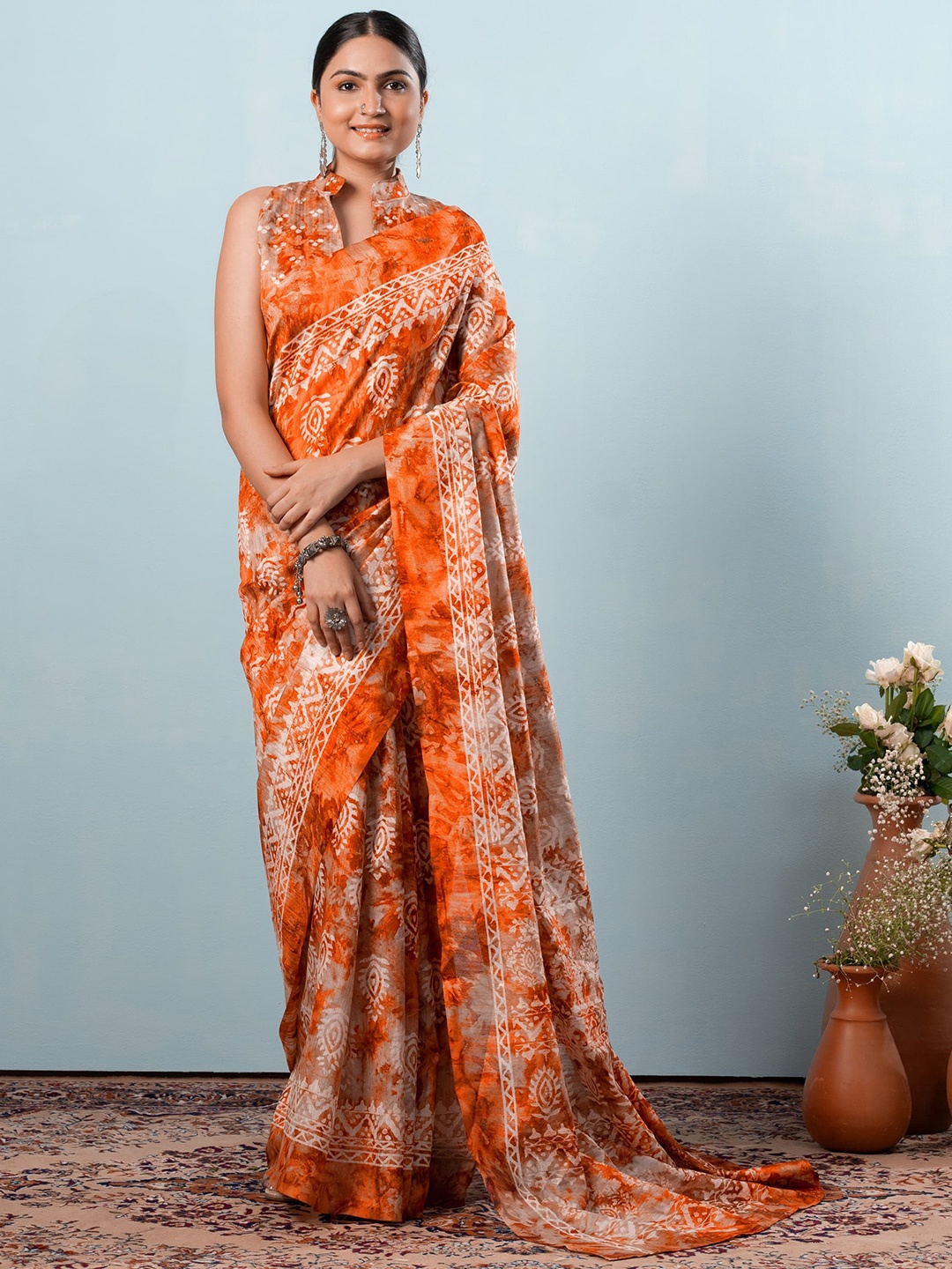 

RACHNA Batik Printed Bhagalpuri Saree, Orange