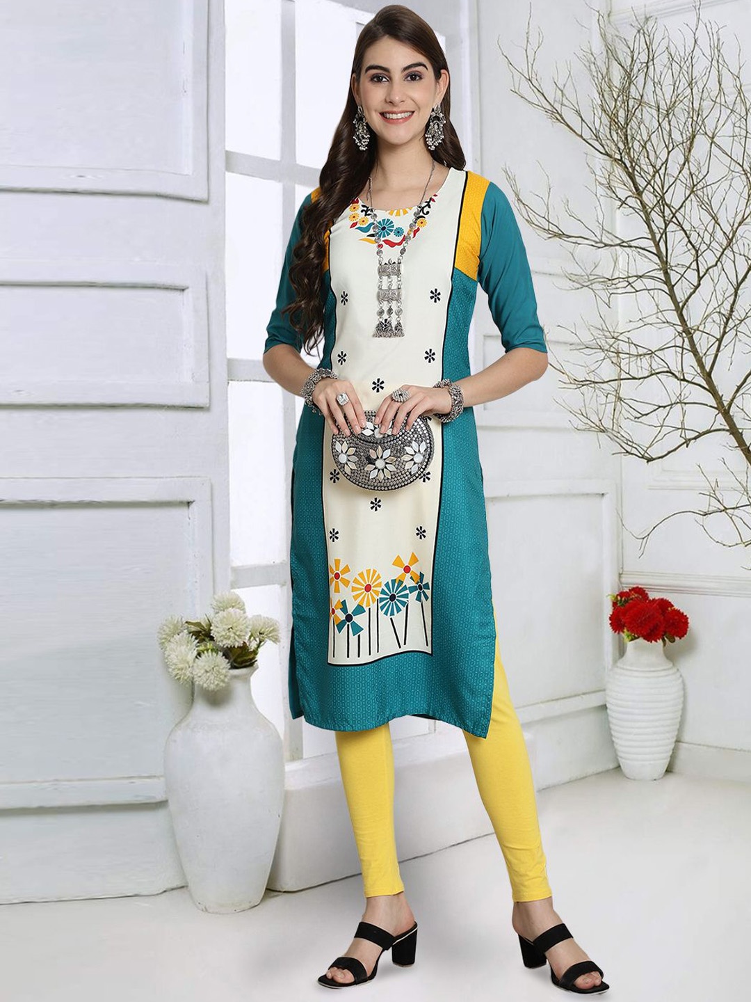 

7Threads Women Quirky Striped Thread Work Floral Crepe Kurta, Multi