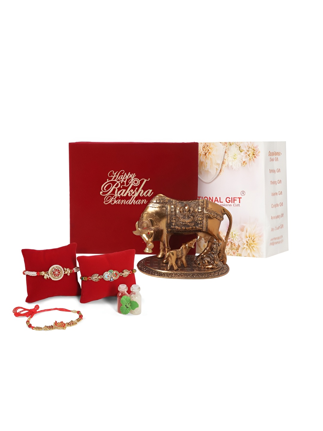 

INTERNATIONAL GIFT Set Of 3 Rakhi With Kamdhenu Cow Idol & Roli Chawal, Copper