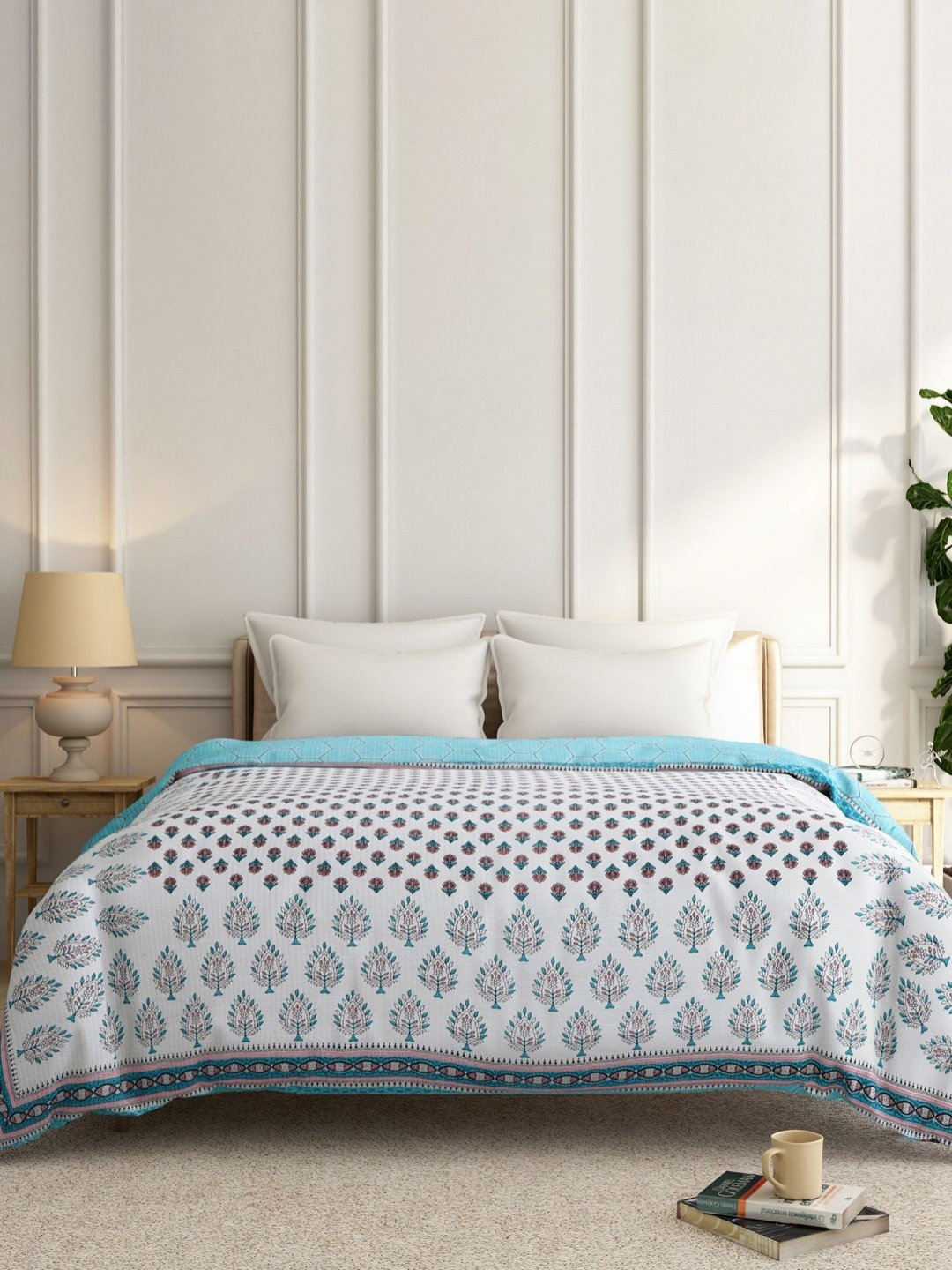 

India Circus by Krsnaa Mehta White & Blue Ethnic Motifs Cotton Double Bed Blanket