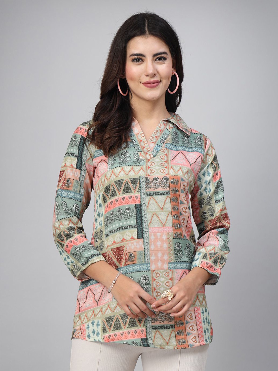 

TANKHI Women Ethnic Motifs Printed Mandarin Collar Top, Green