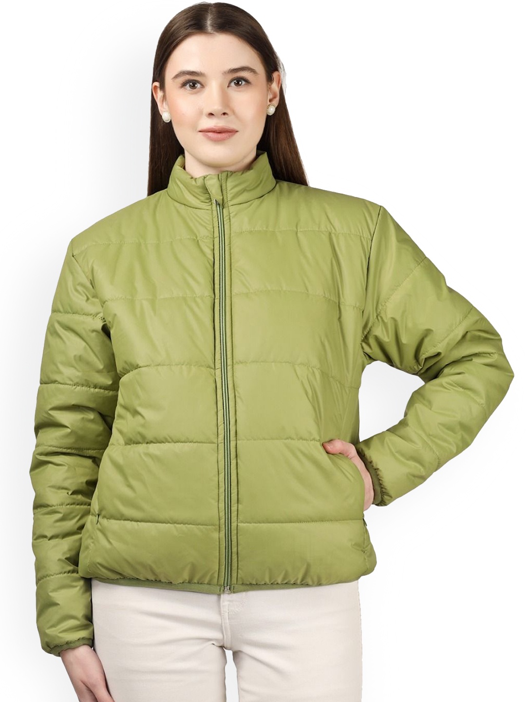 

BLUEFICUS Women Solid Mock Collar Lightweight Puffer Jacket, Green