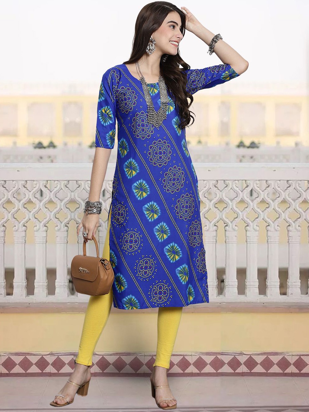 

7Threads Bandhani Printed Round Neck Straight Kurta, Blue