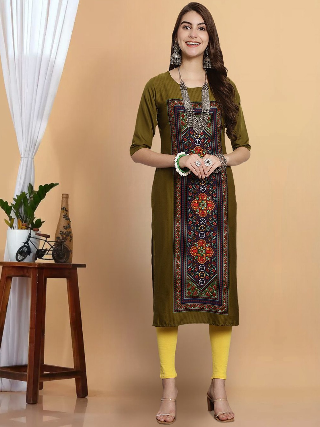 

7Threads Floral Printed Straight Kurta, Olive