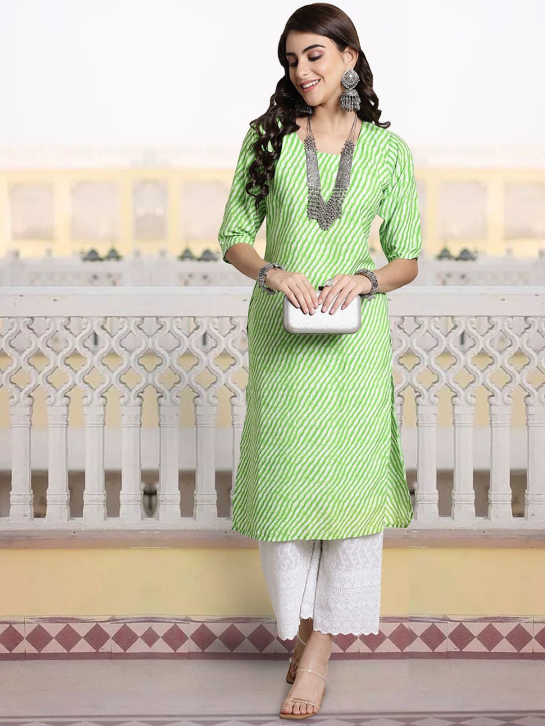 

7Threads Striped Straight Kurta, Green