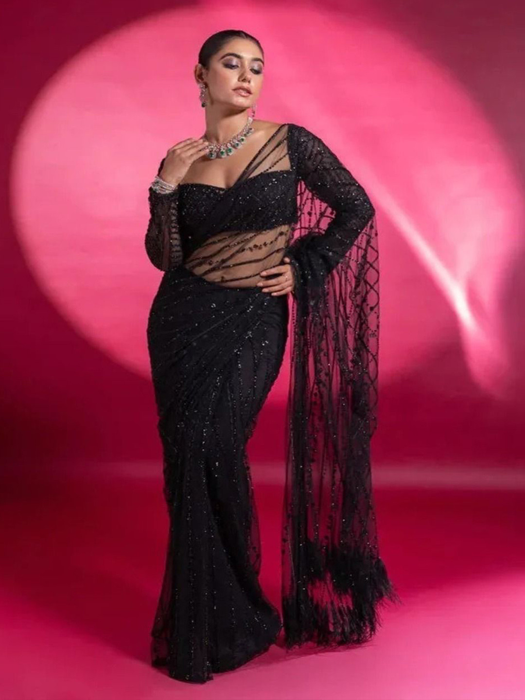 

SANJANA SILK Embellished Sequinned Net Saree, Black