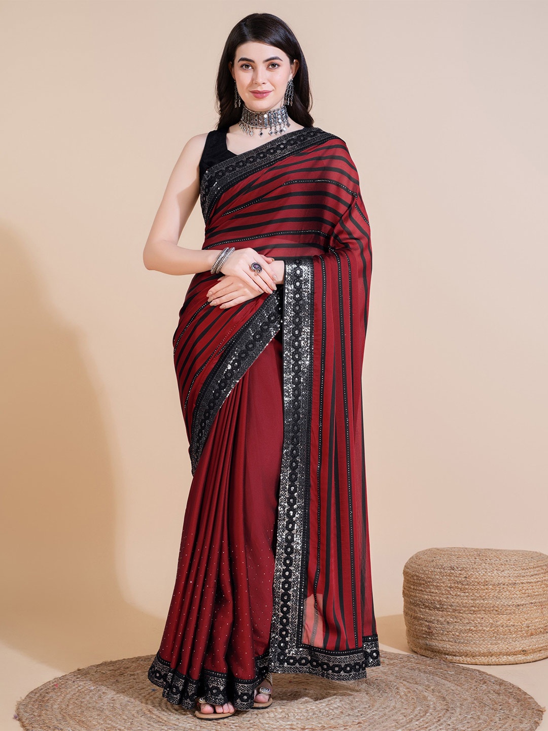 

Munir Striped Sequinned Silk Blend Saree, Red