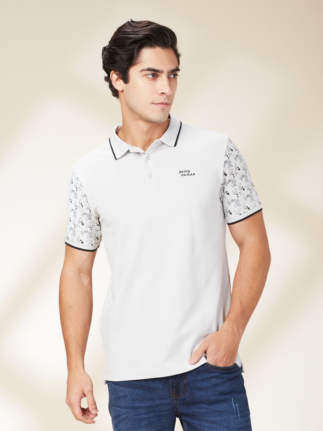 

Being Human Men Conversational Printed Polo Collar Cotton T-Shirt, Grey