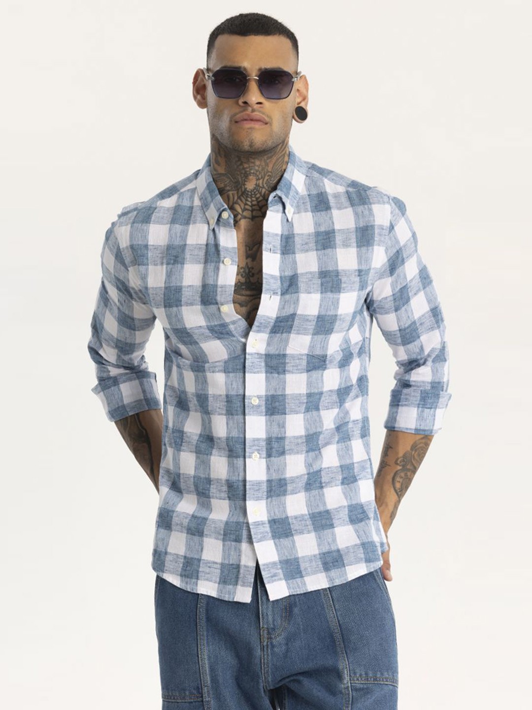 

Snitch Men Smart Button-Down Collar Tartan Checked Linen Slim Fit Casual Shirt, Blue