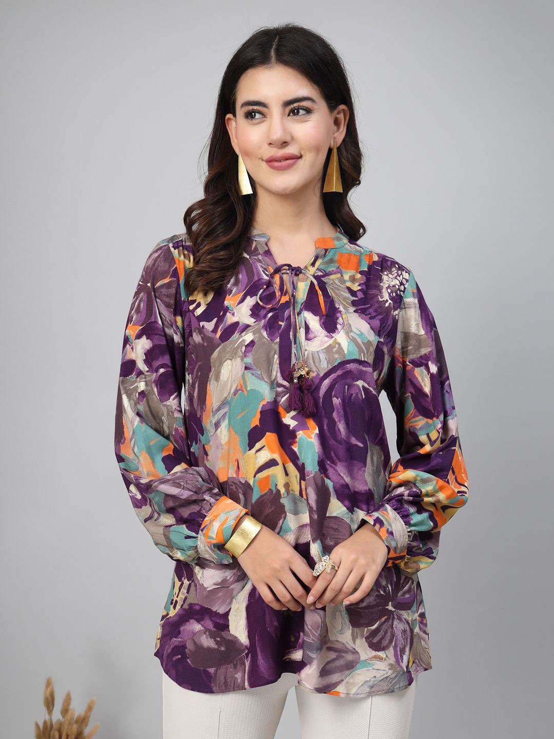 

TANKHI Women Floral Printed High Neck Top, Purple