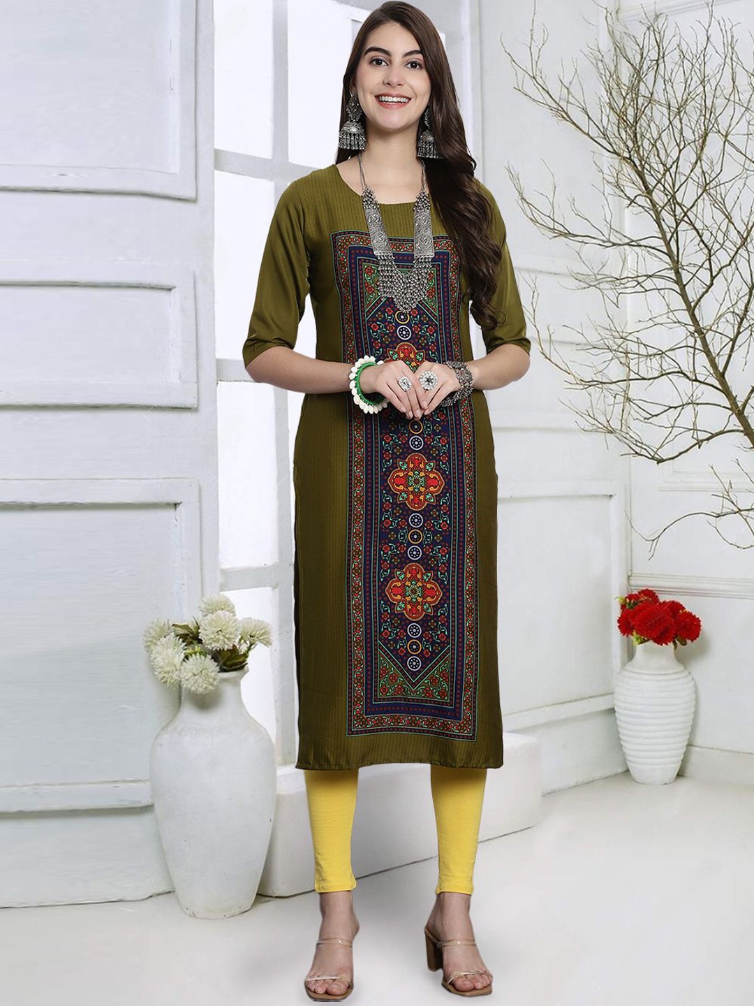 

7Threads Ethnic Motifs Printed Round Neck Crepe Straight Kurta, Olive
