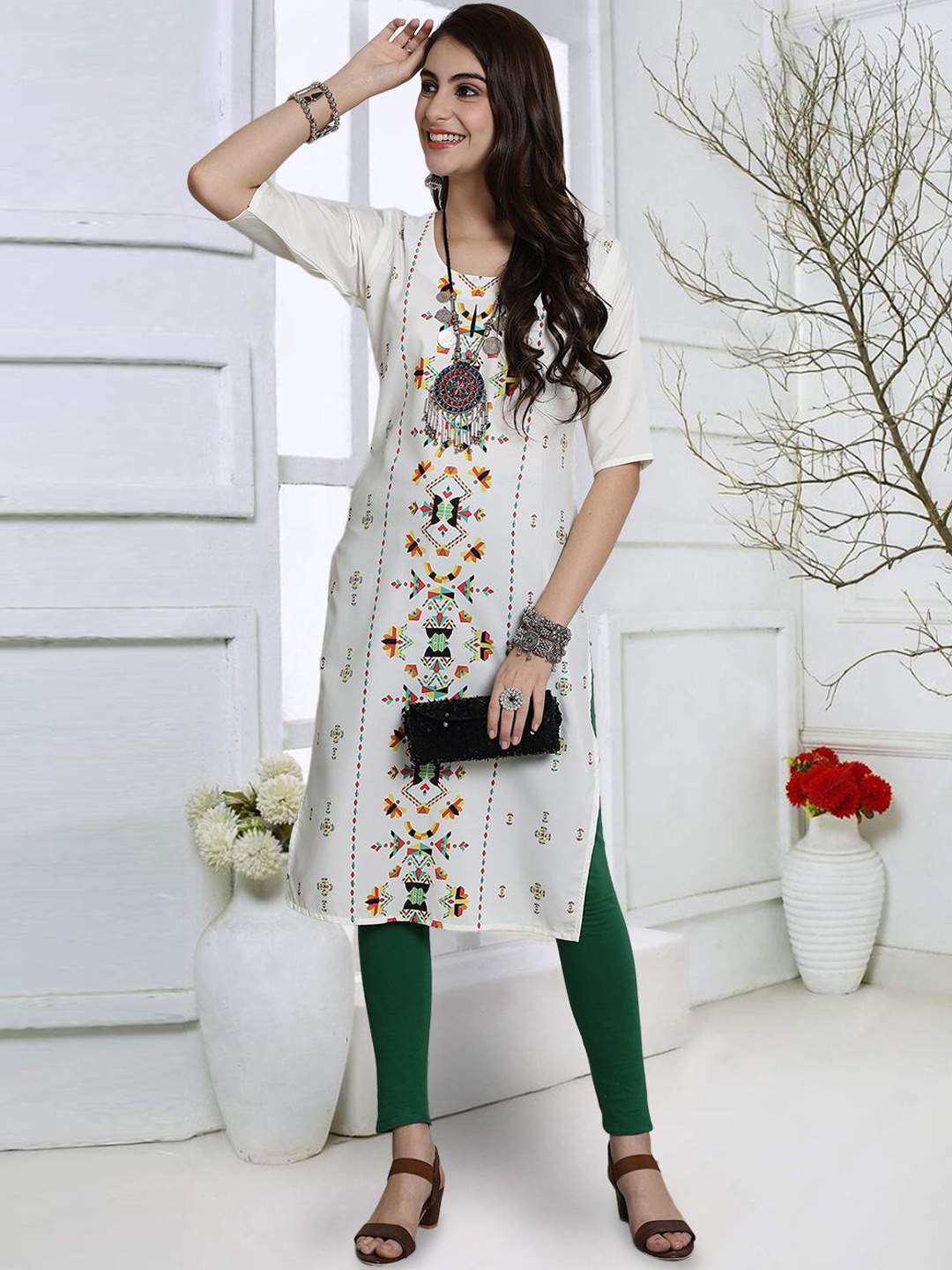 

7Threads Abstract Printed Straight Kurta, White