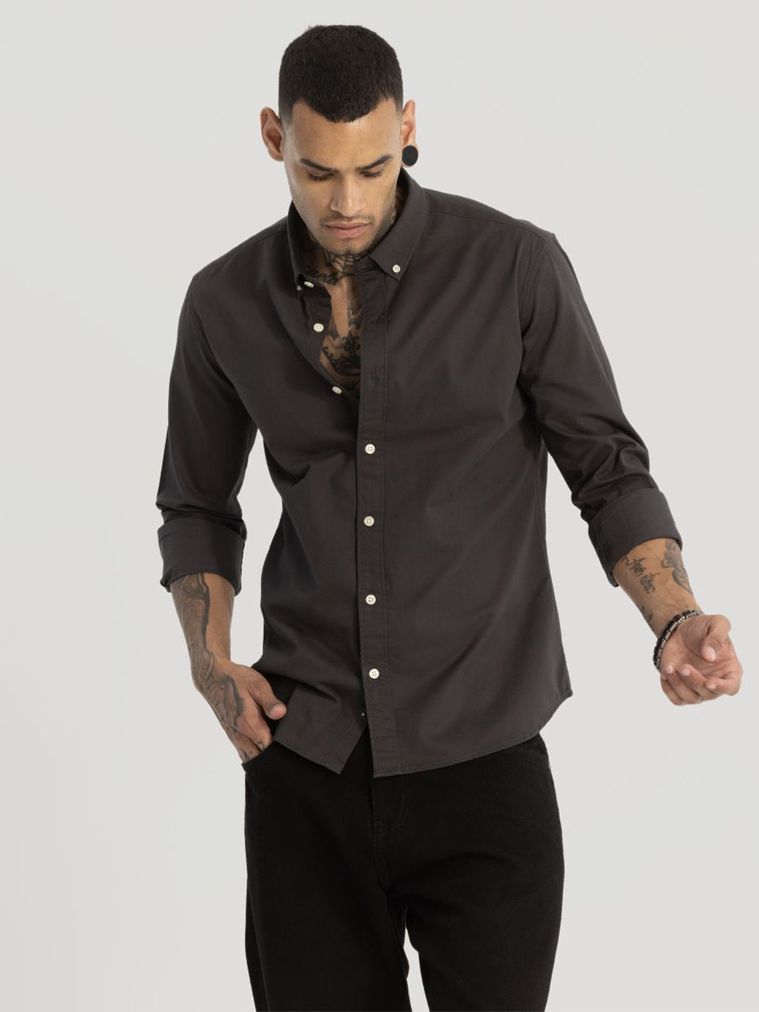 

Snitch Men Smart Button-Down Collar Solid Cotton Slim Fit Casual Shirt, Charcoal