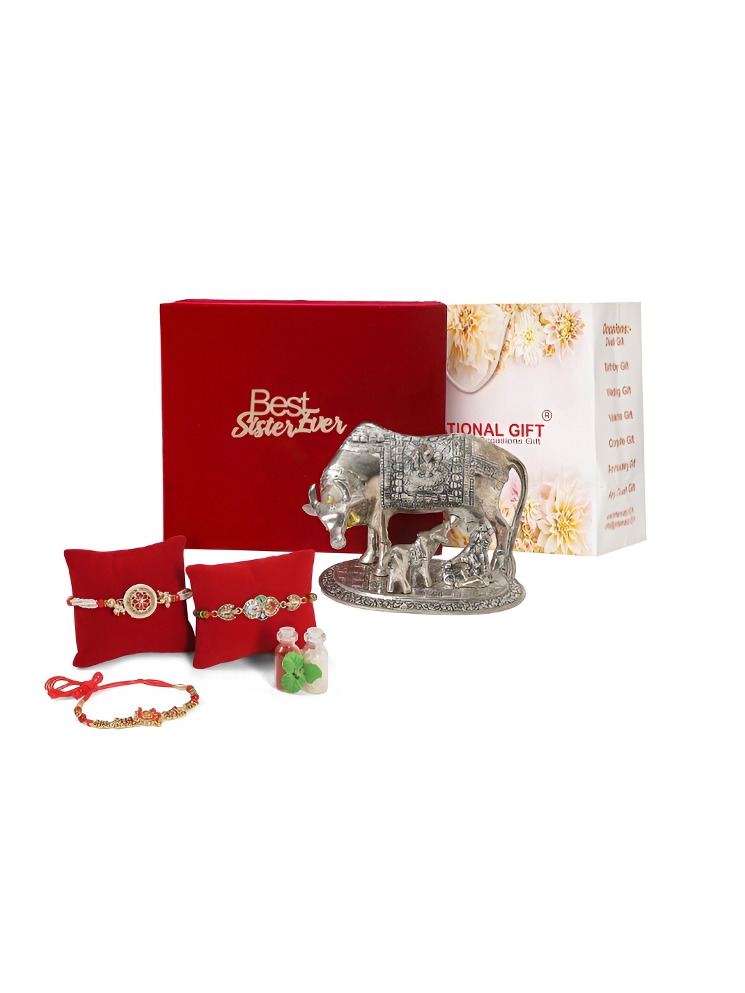 

INTERNATIONAL GIFT Set Of 3 Rakhis With Kamdhenu Cow Statue Showpiece, Gold