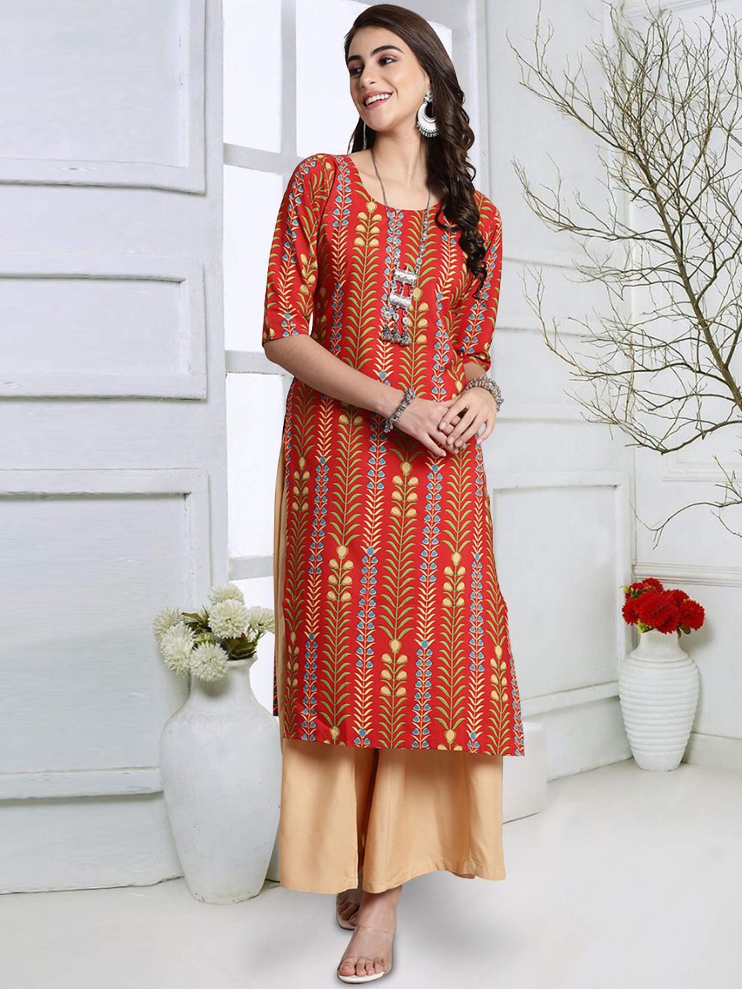 

7Threads Floral Printed Round Neck Straight Kurta, Rust