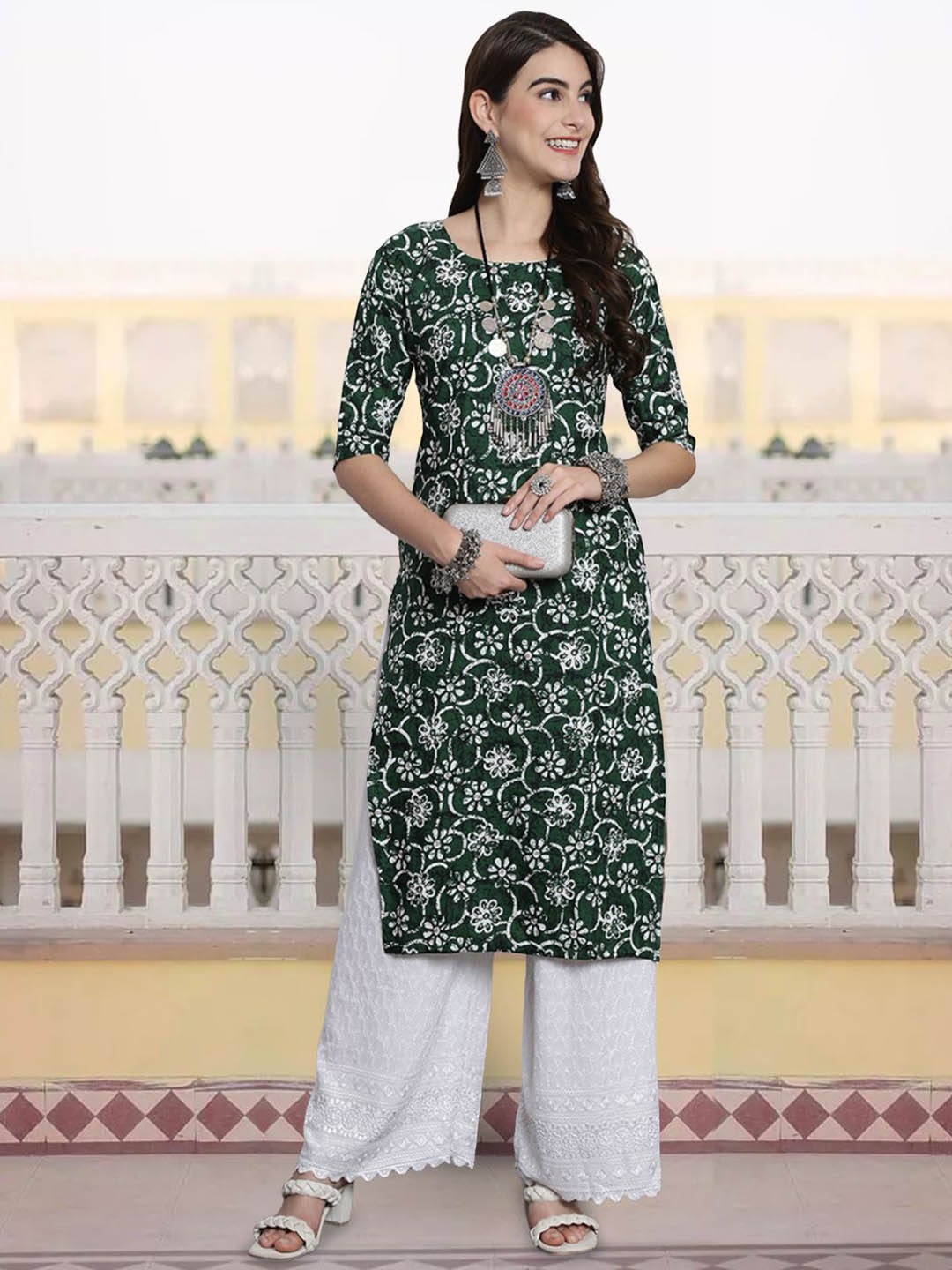 

7Threads Floral Printed Straight Kurta, Green