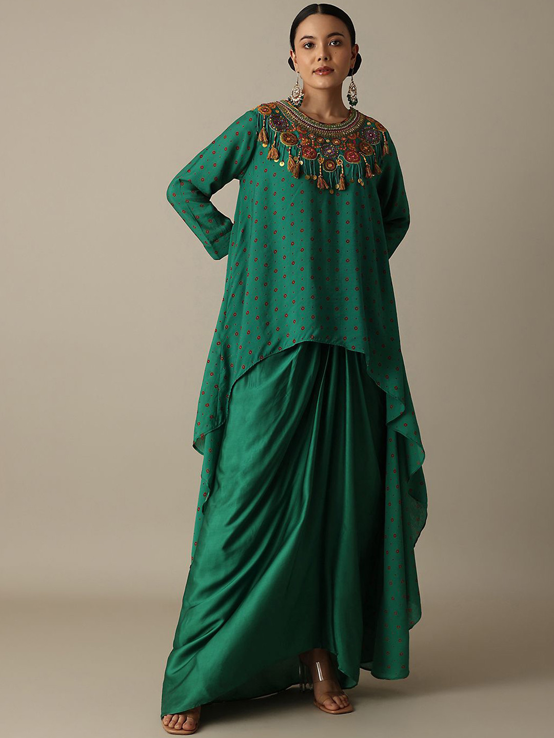 

KALKI Fashion Bandhani Printed Cotton Silk Tunic With Skirt, Green