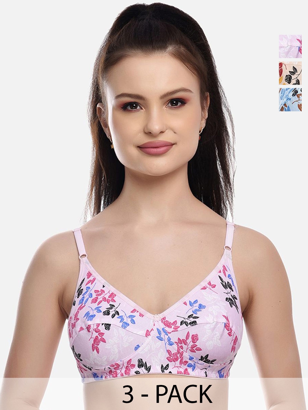 

FIMS Women Pack of 3 Floral Printed Full Coverage Bra, Blue