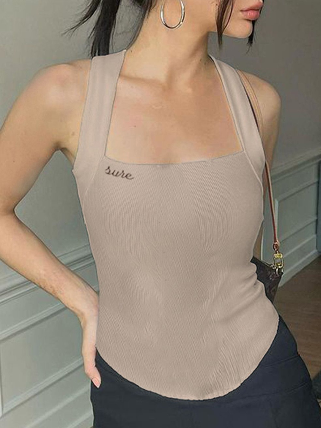 

StyleCast Women Solid Shoulder Straps Top, Khaki