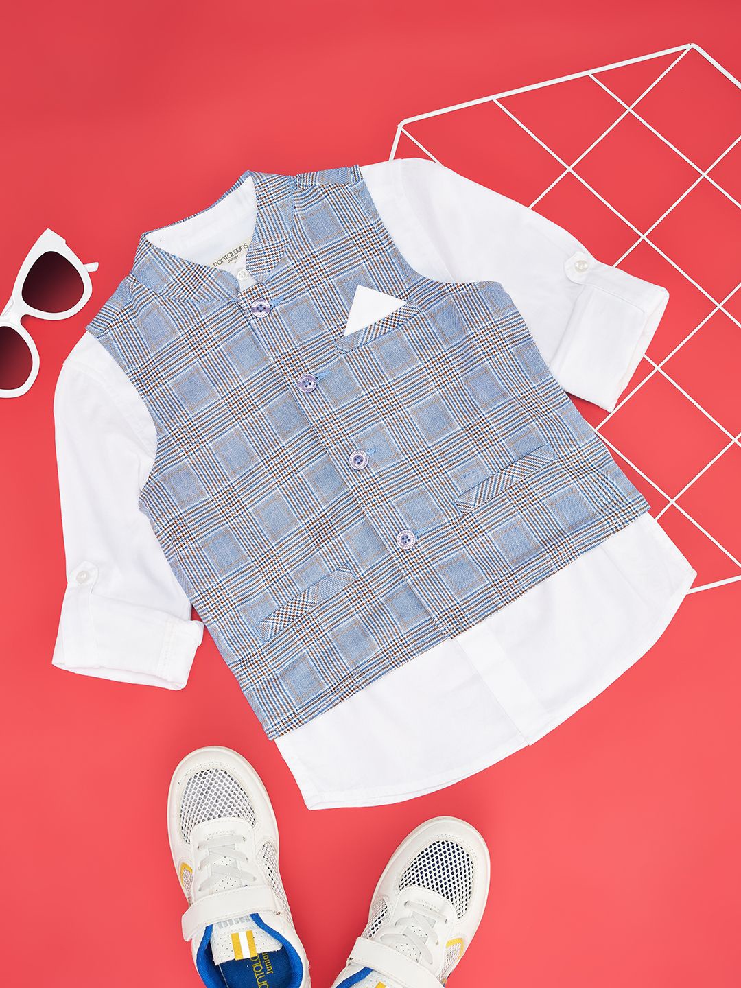 

Pantaloons Junior Boys Band Collar Tartan Checked Cotton Party Shirt, White