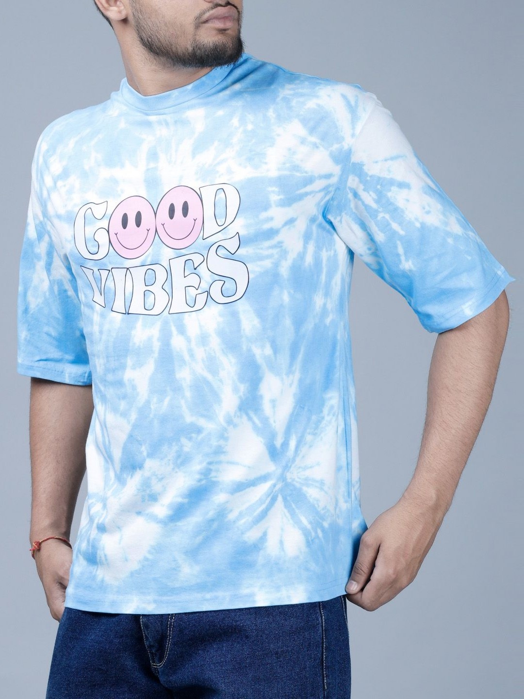 

Eyebogler Men Tie and Dye Dyed Bohemian Applique T-shirt, White