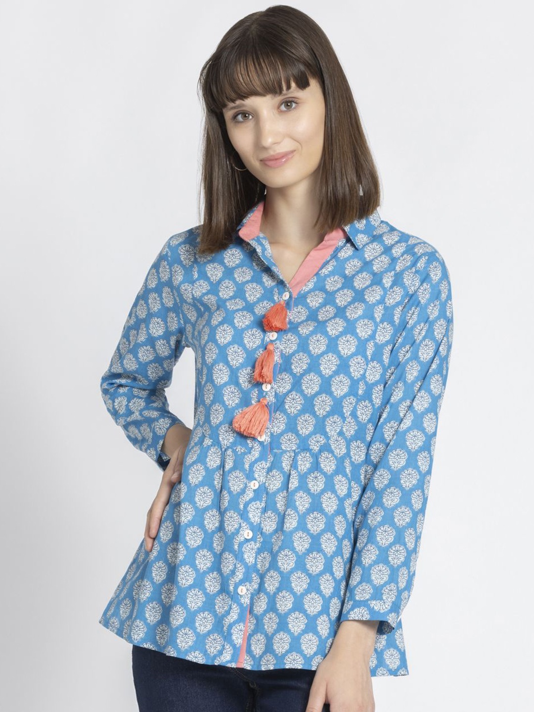 

SHAYE Ethnic Motifs Printed Shirt Collar Pure Cotton Empire Kurti, Blue