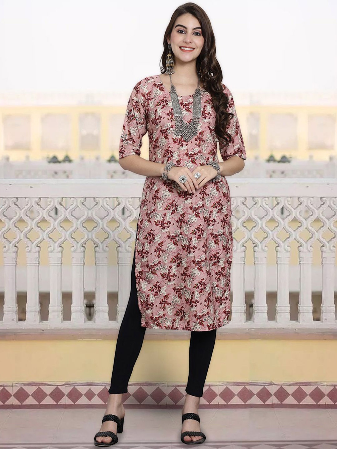 

7Threads Women Floral Printed Sequinned Floral Crepe Kurta, Multi