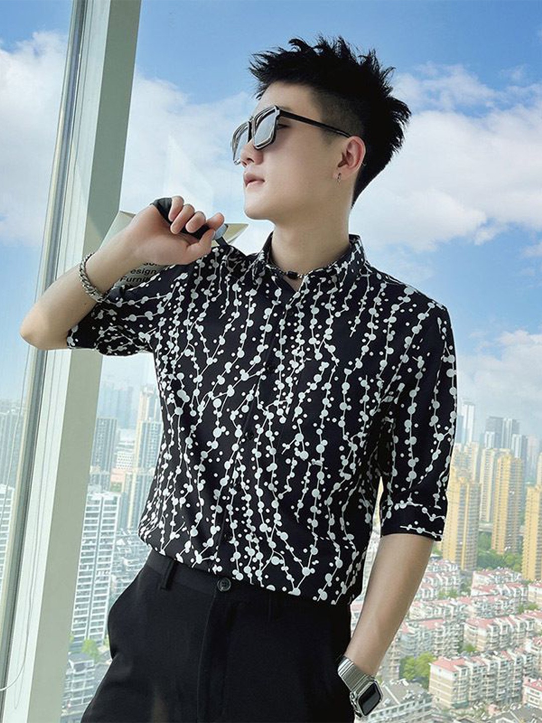 

StyleCast Men Opaque Printed Casual Shirt, Black