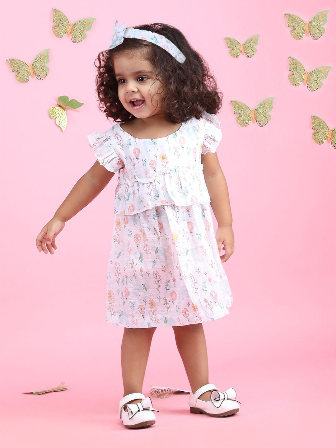 

Polka Tots Girls Floral Printed Short Sleeves A-Line Dress, White