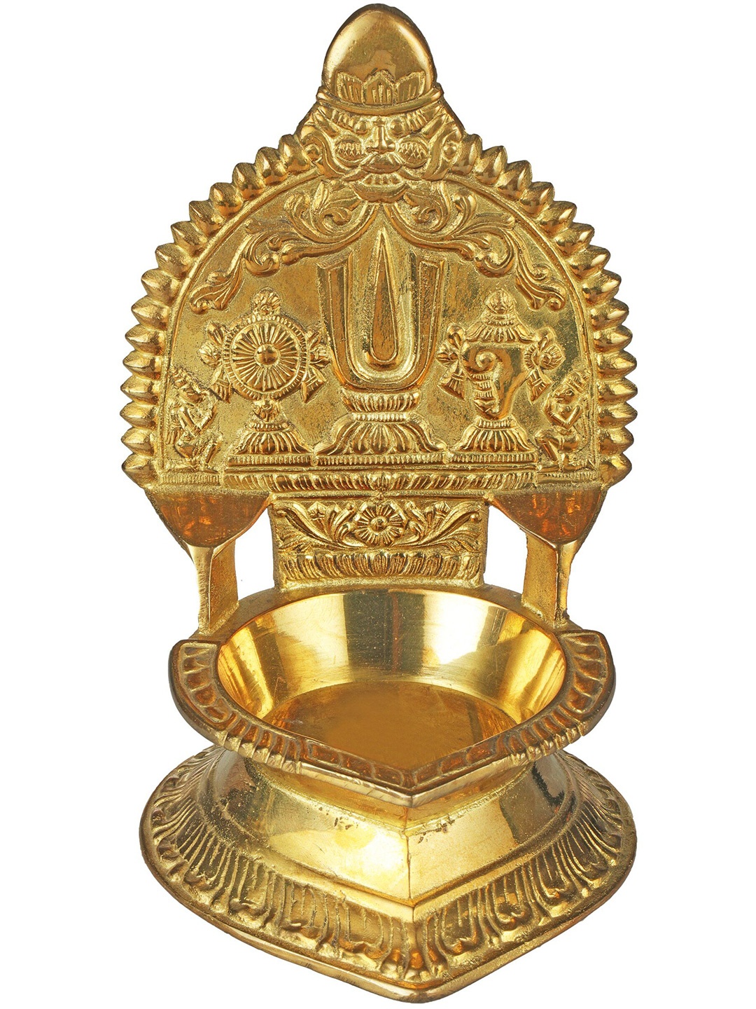 

Exotic India Lamp with Vaishnava Symbols in Brass, Gold