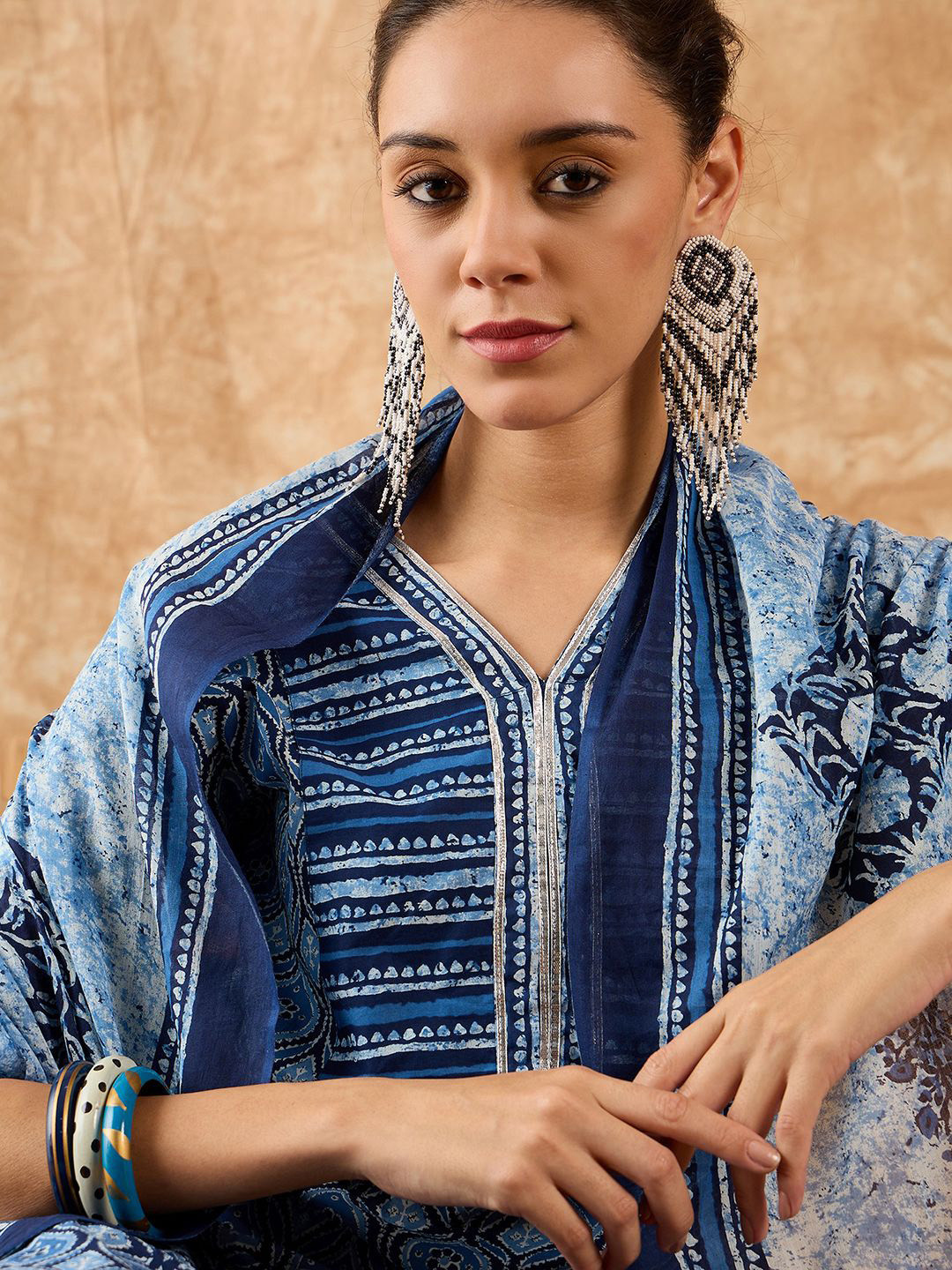 

Indo Era Ethnic Motifs Printed Straight Gotta Patti Kurta with Trousers & Dupatta, Blue
