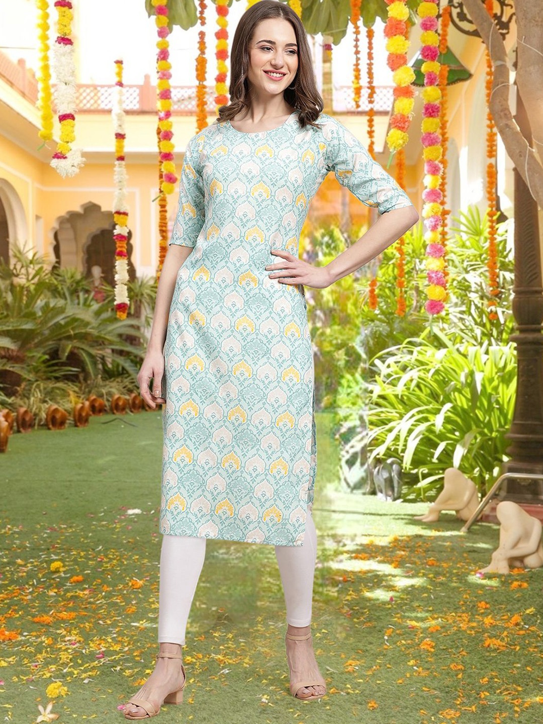 

7Threads Ethnic Motifs Printed Round Neck Short Sleeves Straight Kurta, Blue