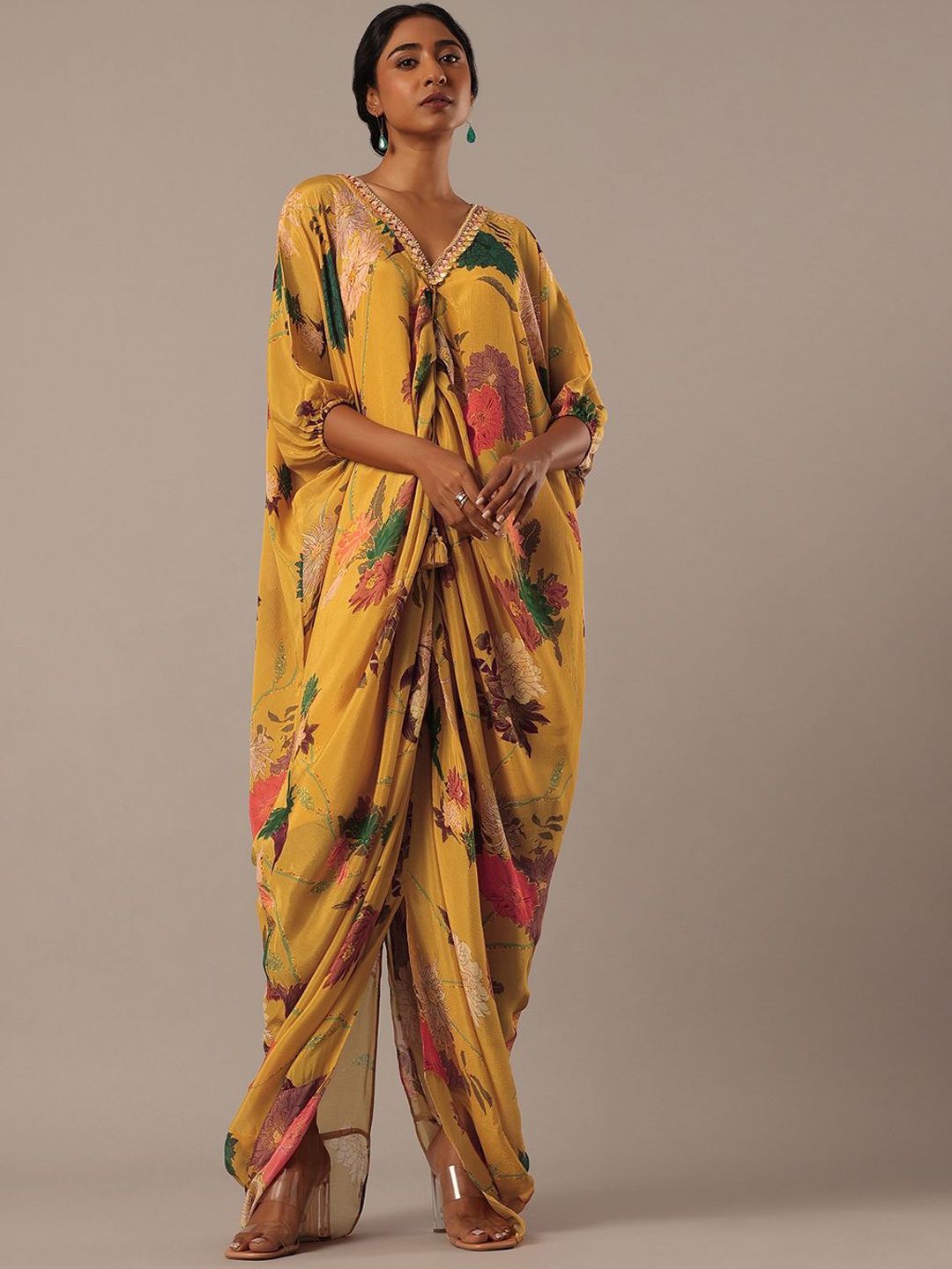 

KALKI Fashion Floral Printed Beads and Stones V-Neck Kaftan Kurta With Patiala, Yellow