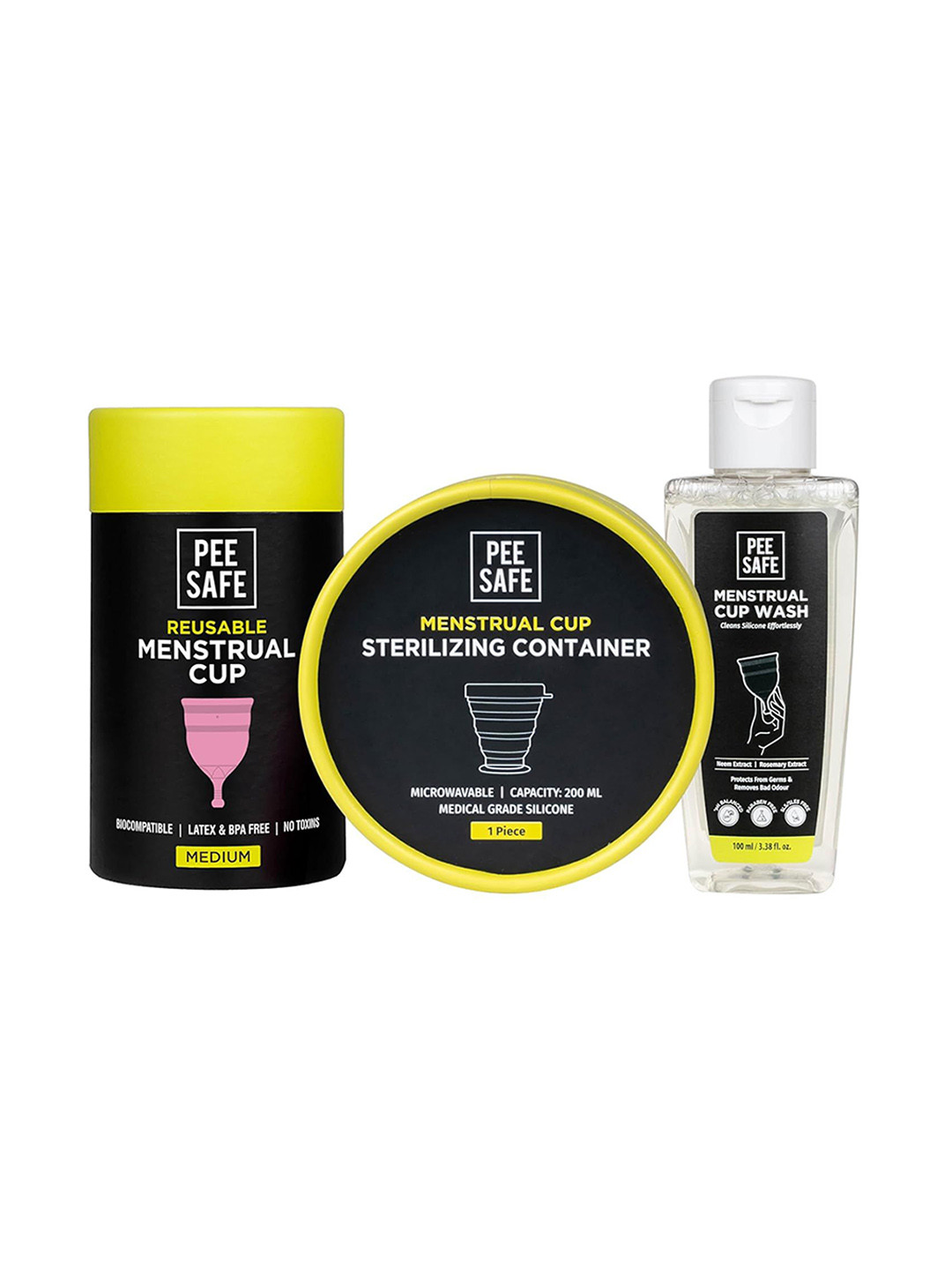 

PEESAFE Pack Of 3 Leakproof & Biocompatible Menstrual Hygiene Medium Cups Container & Wash, Pink