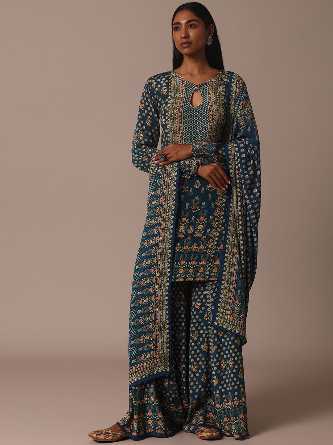 

KALKI Fashion Floral Printed Regular Beads and Stones Kurta With Sharara & Dupatta, Blue
