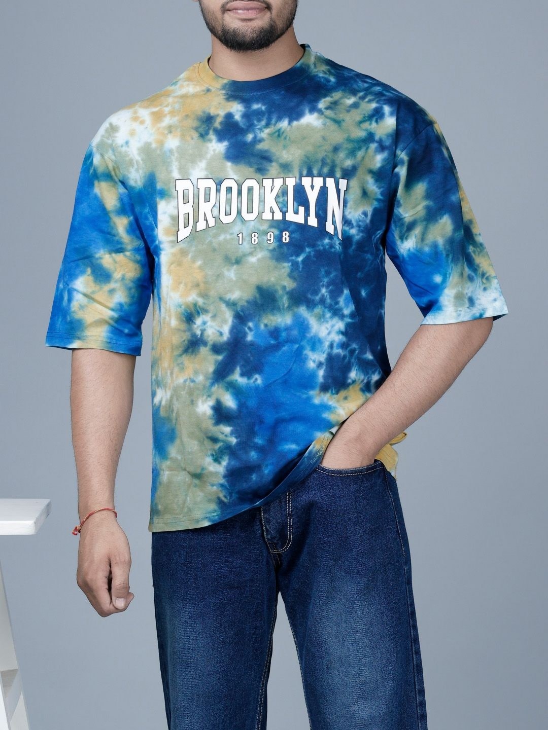 

Eyebogler Men Tie and Dye Dyed Bohemian Raw Edge T-shirt, Blue