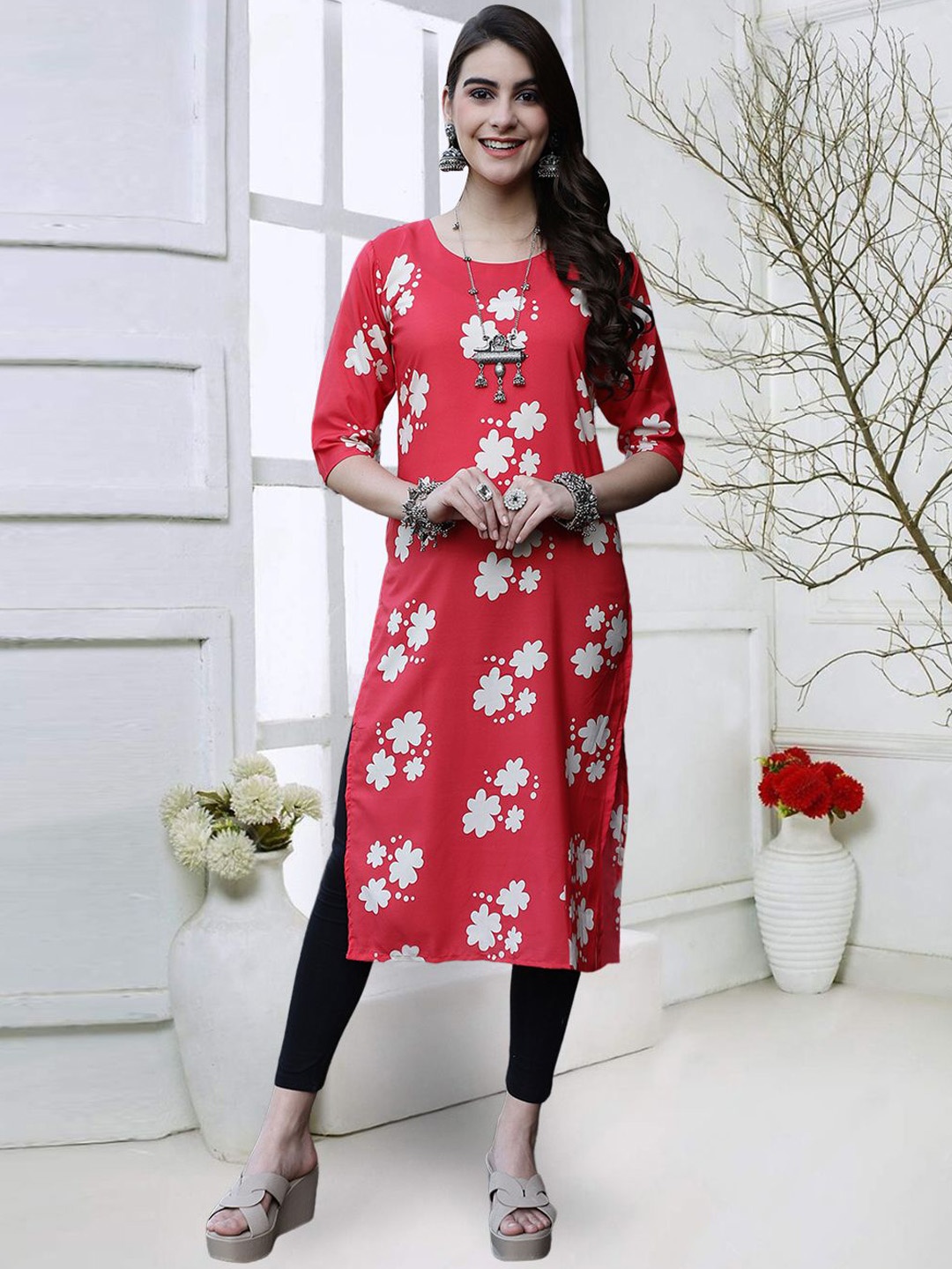 

7Threads Floral Printed Straight Kurta, Red