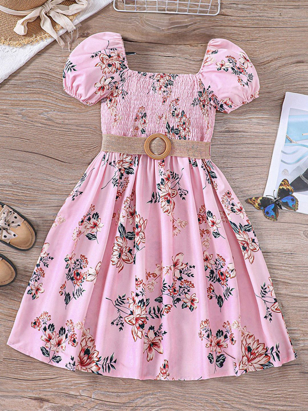 

INCLUD Floral girls Square Neck smocked Floral Print Puff Sleeve Fit & Flare Dress, Pink