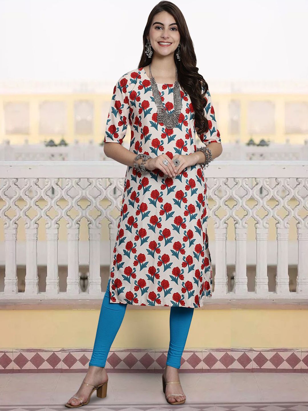 

7Threads Floral Printed Round Neck Straight Kurta, Beige
