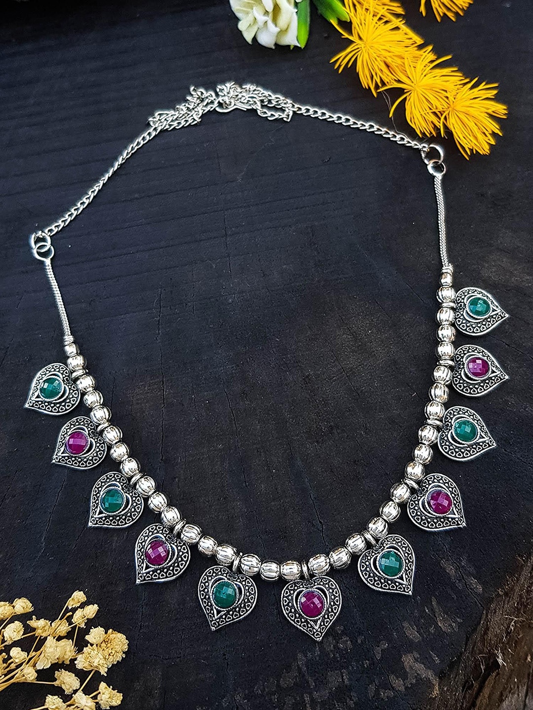 

GRIIHAM Sterling Silver Plated Oxidised Necklace, Green
