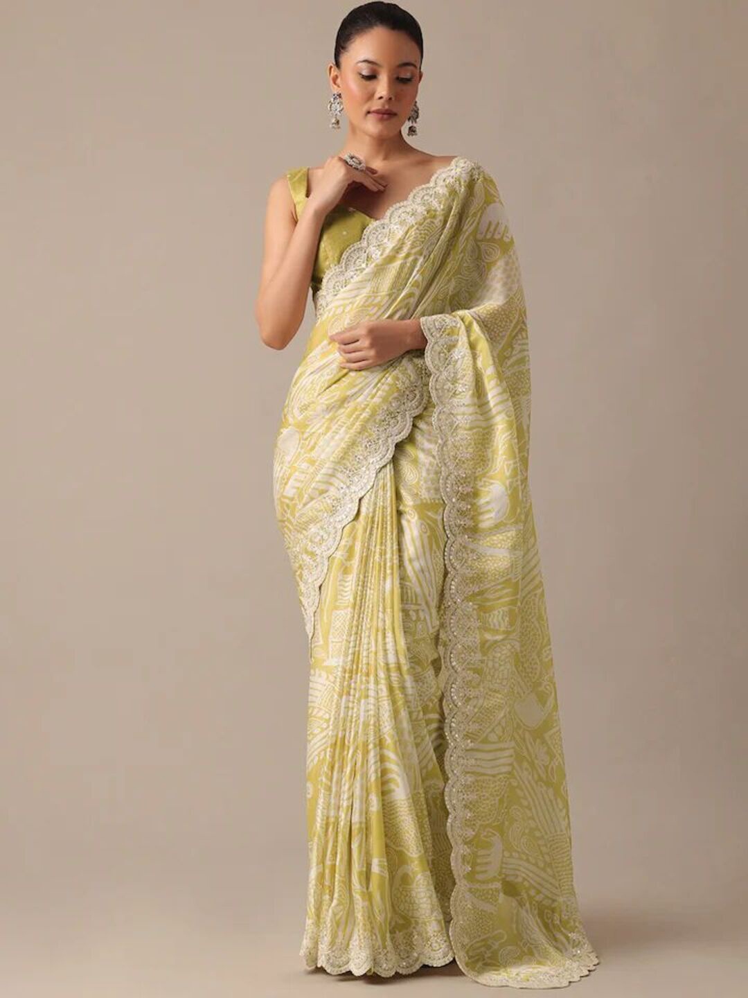 

SANJANA SILK Sequinned Pure Georgette Mysore Silk Saree, Lime green