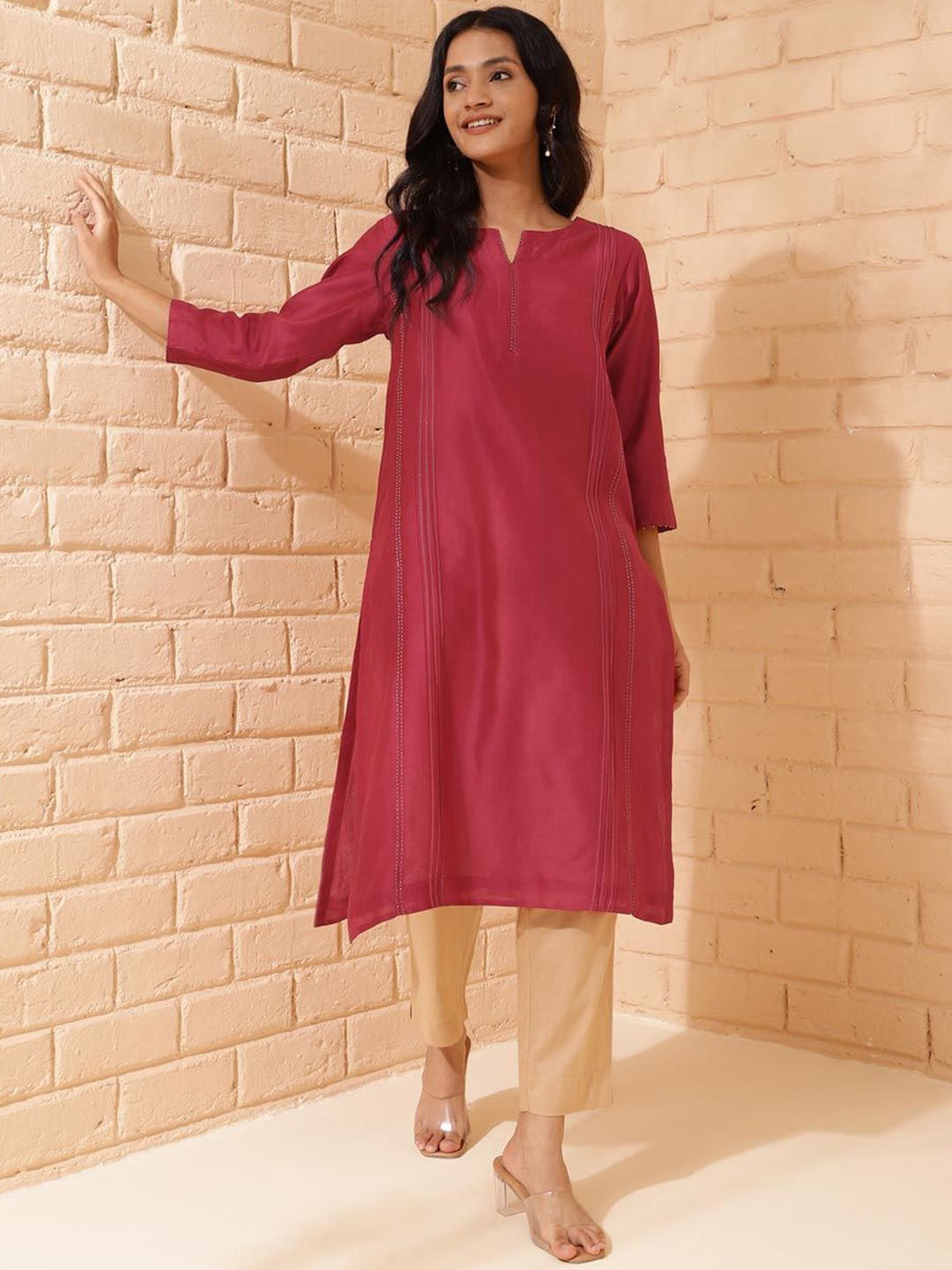 

Fabindia Notch Neck Thread Work Cotton Silk A-Line Kurta, Maroon