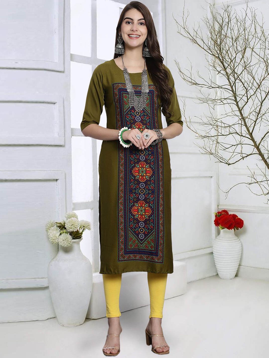 

7Threads Ethnic Motifs Printed Straight Kurta, Green