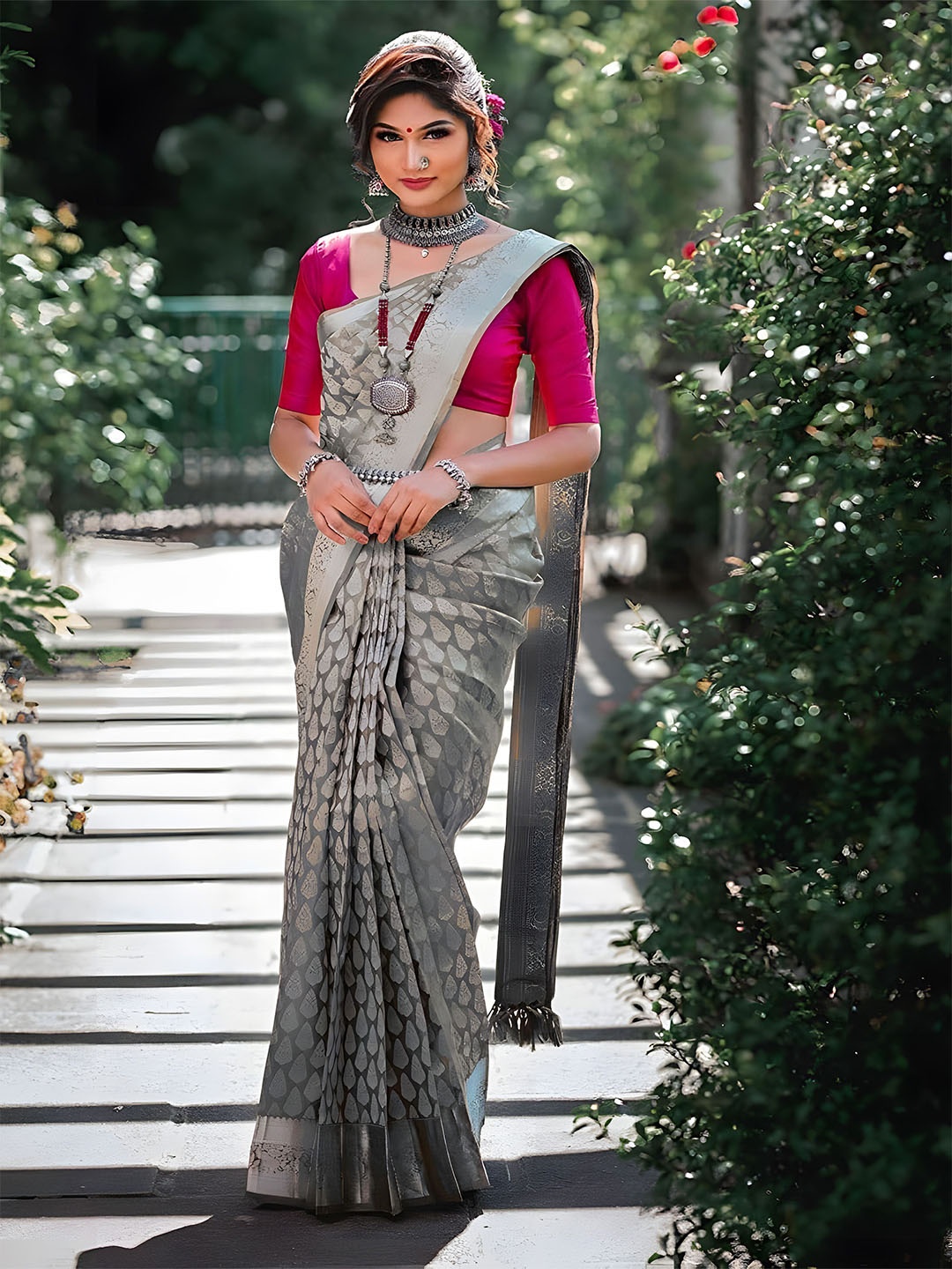 

Anouk Woven Design Zari Kanjeevaram Saree, Silver