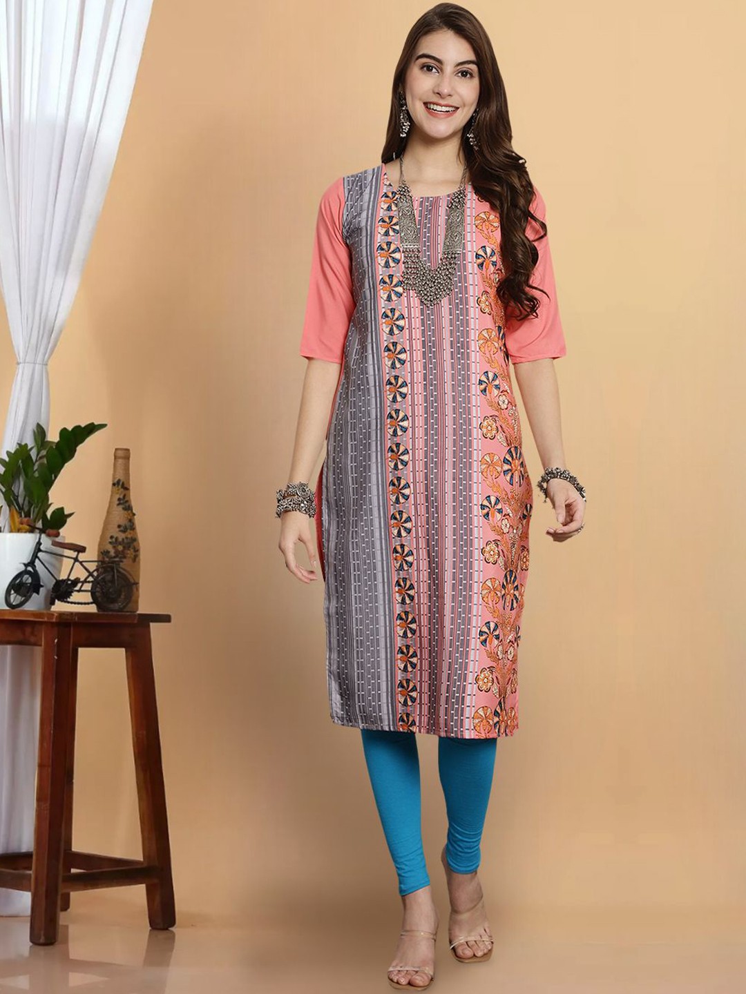 

7Threads Women Floral Printed Thread Work Floral Crepe Kurta, Multi