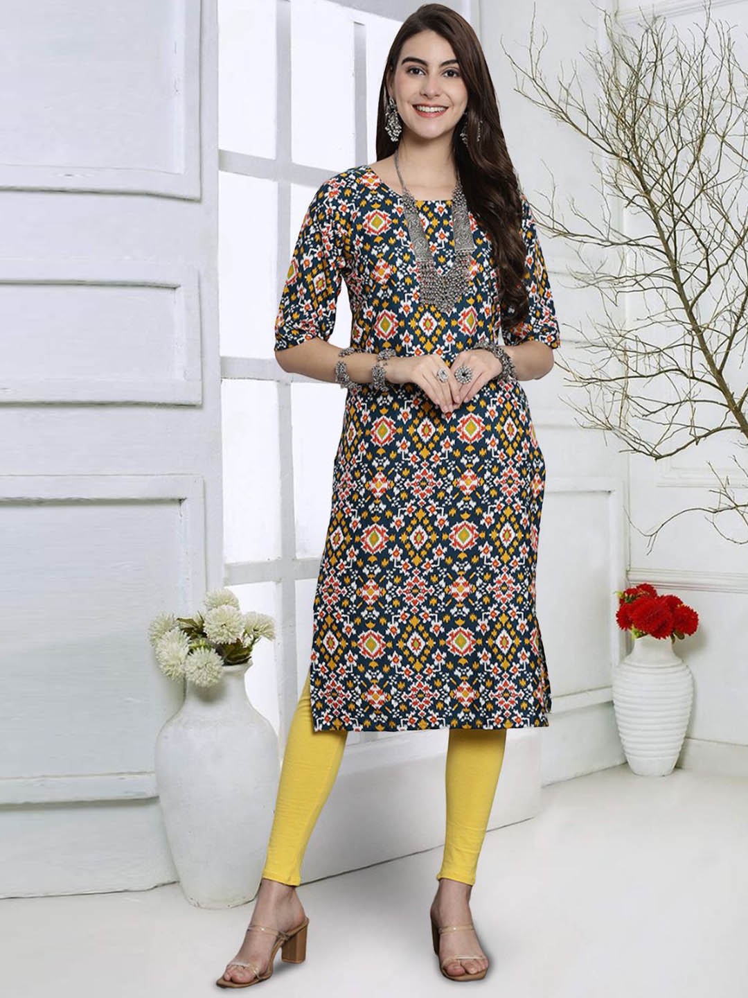 

7Threads Geometric Printed Straight Kurta, Green