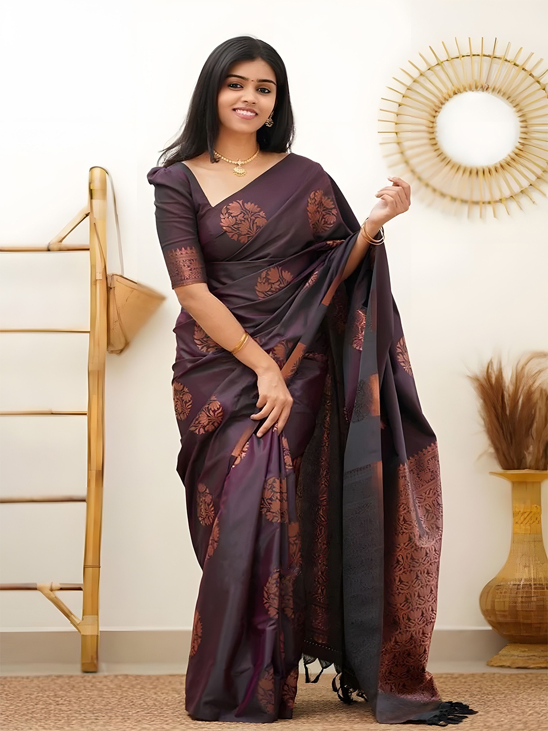 

Anouk Floral Printed Zari woven design Kanjeevaram Saree, Magenta