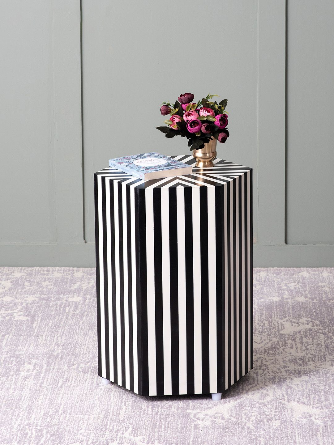 

nestroots Intricate Bone Inlay Black & White Striped Wooden Side Table