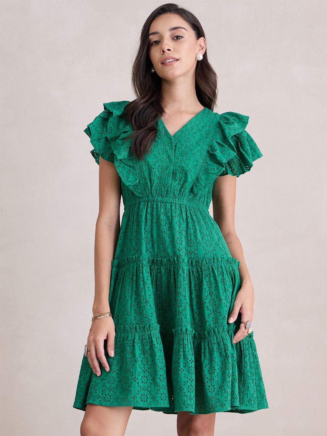 

FEMMELLA Women Self Design Flutter Sleeves Fit and Flare Dress, Green