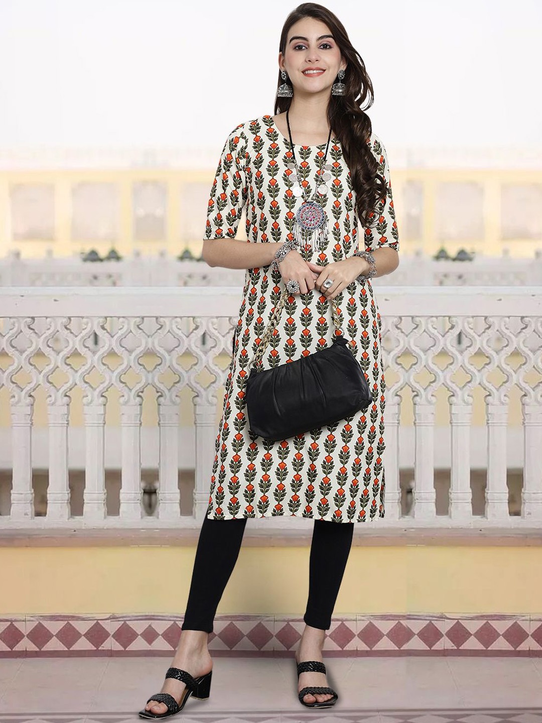 

7Threads Floral Printed Straight Kurta, Green